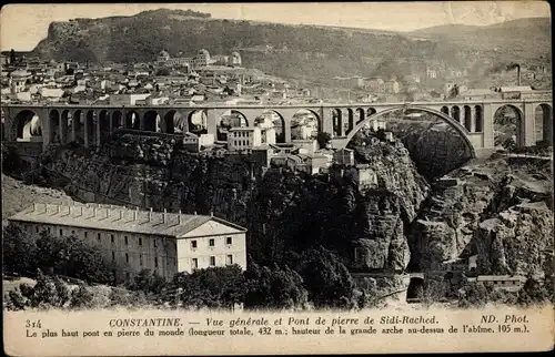 Ak Constantine Algerien, Vue generale, Pont de pierre de Sidi Rached