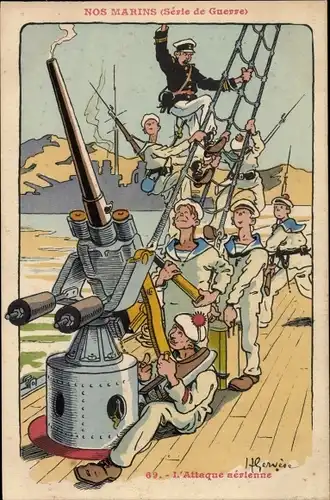 Künstler Ak Gervere, Nos Marins, Marinesoldaten, Geschütz, L'Attaque aerienne