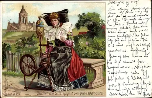 Litho Porta Westfalica an der Weser, Trachten, Frau am Spinnrad