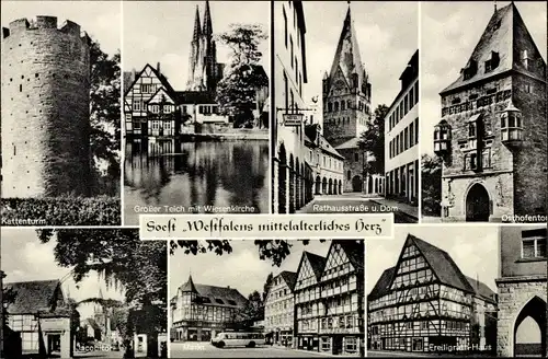 Ak Soest in Westfalen, Kattenturm, Dom, Rathausstr., Jakobitor, Markt, Freiligrathhaus, Osthofentor