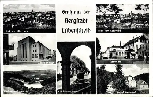 Ak Lüdenscheid im Märkischen Kreis, Stadtwald, Stadtmitte,Apollo-Theater, Schloß Neuenhof, Talsperre