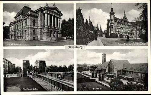 Ak Oldenburg im Großherzogtum Oldenburg, Schloss und Lambertikirche, Bahnhof, Landestheater