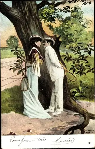 Künstler Ak Bauer, Th., Liebespaar mit Tennisschlägern hinter einem Baum