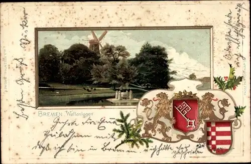 Präge Wappen Passepartout Litho Hansestadt Bremen, Wallanlagen, Windmühle