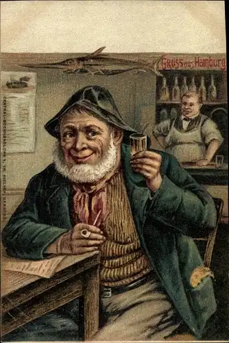 Ak Hamburg, Fischer mit Pfeife in einem Gasthaus