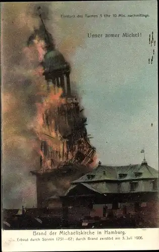 Ak Hamburg Mitte Neustadt, Hauptkirche St. Michaelis, Brand 1906, Einsturz des Turmes