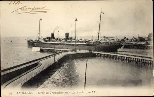 Ak Le Havre Seine Maritime, Sortie du Transatlantique La Savoie, Dampfer, CGT, French Line