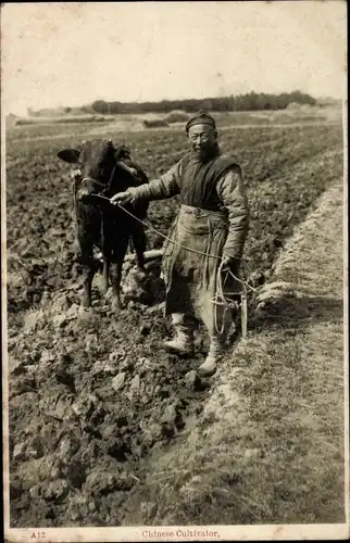 Foto Ak China, Chinese Cultivator, Bauer mit Rinderpflug