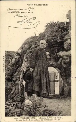 Ak Rothéneuf Ille-et-Vilaine, L'Ermite de Haute-Folie Auteur des Rochers sculptés de Rothéneuf