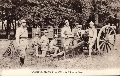 Ak Mailly le Camp Aube, Piece de 75 en action