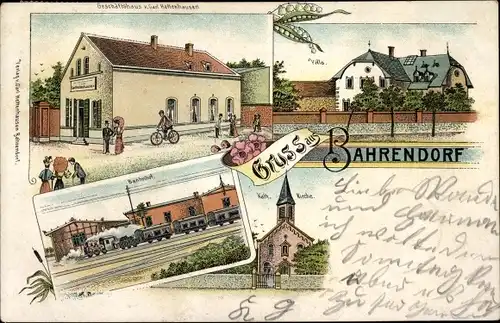 Litho Bahrendorf Sülzetal, Bahnhof, Gleisseite, Geschäftshaus, Villa, kath. Kirche
