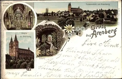 Litho Arenberg Koblenz am Rhein, Kirche, Innenansicht, Ölberg, Totalansicht