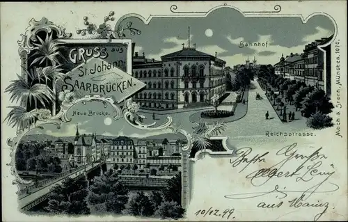 Mondschein Litho St. Johann Saarbrücken im Saarland, Bahnhof, neue Brücke, Reichsstraße