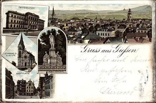 Litho Gießen an der Lahn Hessen, Universität, Johannes Kirche, Marktplatz, Liebig Denkmal, Totale