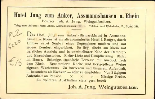 Ak Assmannshausen Rüdesheim am Rhein, Hotel Jung zum Anker