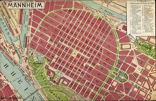 Stadtplan Ak Mannheim in Baden, Totalansicht, Schlossgarten, Rhein, Neckar, Hafen