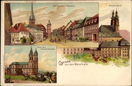 Litho Bad Staffelstein am Main, Schloss Banz, Maintal, Basilika Vierzehnheiligen, Lichtenfels