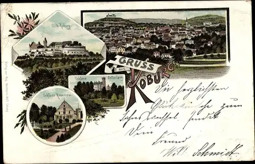 Litho Coburg in Oberfranken, Veste, Schloss Rosenau, Schloss Callenberg, Totalansicht