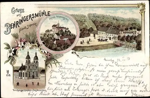 Litho Behringersmühle Gößweinstein in Oberfranken, Schloss Gößweinstein, Dreifaltigkeitskirche