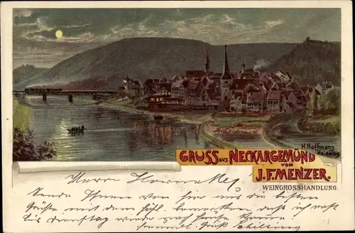 Künstler Litho Hoffmann, H. Neckargemünd am Neckar, Blick auf den Ort bei Nacht