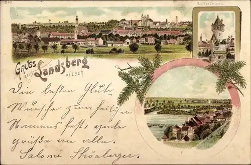 Litho Landsberg am Lech in Oberbayern, Mutterturm, Totalansicht der Ortschaft