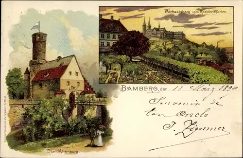 Litho Bamberg in Oberfranken, Altenburg, Michaelsberg vom Residenzgarten aus gesehen