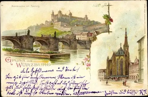 Litho Würzburg am Main Unterfranken, Mainbrücke, Festung, Marien Kapelle