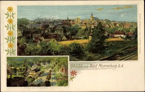 Litho Ronneburg in Thüringen, Herzogliches Mineralbad, Blick auf den Ort