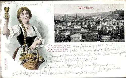 Präge Passepartout Ak Würzburg am Main Unterfranken, Blick auf den Ort, Frau mit Weintrauben