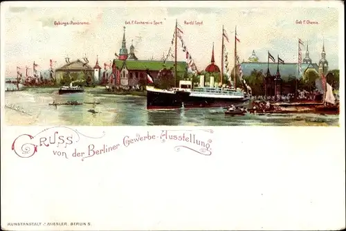 Litho Berlin Treptow, Gewerbeausstellung 1896, Norddeutscher Lloyd, Fischerei und Sport, Chemie