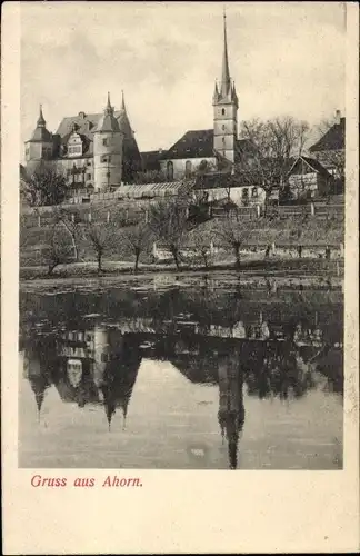Ak Ahorn in Oberfranken, Blick auf den Ort mit Kirche und Schloss