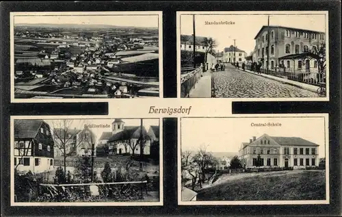 Ak Herwigsdorf Rosenbach in der Oberlausitz, Mandaubrücke, Zentralschule, Schillerlinde
