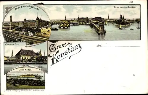 Litho Konstanz am Bodensee, Post, Bahnhofsgebäude, Concilium Saal, Insel Mainau, Panorama