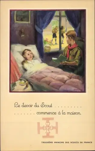 Künstler Ak Troisieme Principe des Scouts de France, Le devoir du Scout commence a maison,Pfadfinder