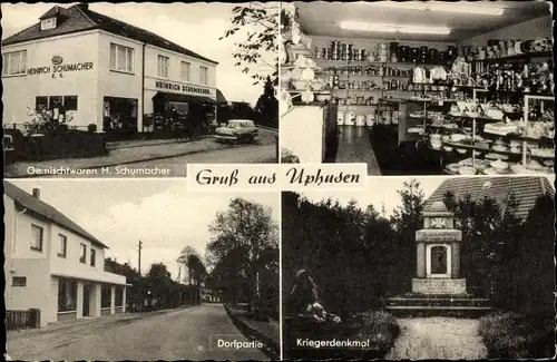 Ak Uphusen Achim bei Bremen, Gemischtwaren H. Schumacher, Kriegerdenkmal, Dorfpartie