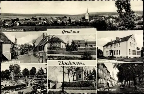 Ak Bockenem am Harz, Gesamtansicht, Schulen, Stadtbad, Ehrenmal, Schlangenweg, Kreissparkasse