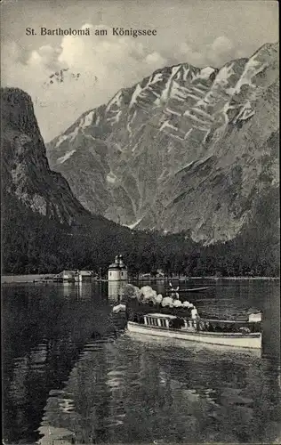 Ak Sankt Bartholomä Schönau am Königssee, Bergpanorama, Ausflugsdampfer