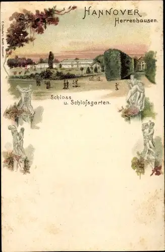 Litho Herrenhausen Hannover in Niedersachsen, Schloss und Schlossgarten