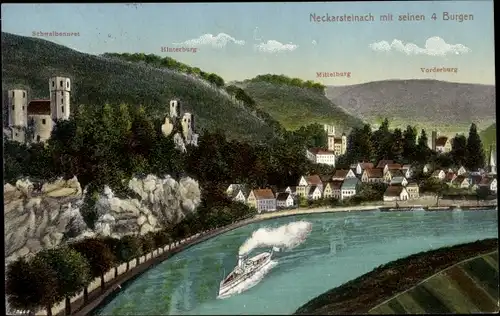 Ak Neckarsteinach, Burgen Schwalbennest, Hinterburg, Mittelburg, Vorderburg