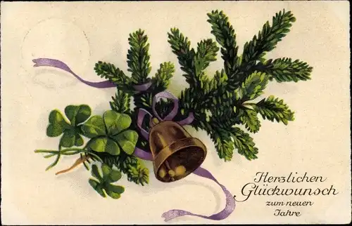 Ak Glückwunsch Neujahr, Tannzweige, Glocke, Glücksklee