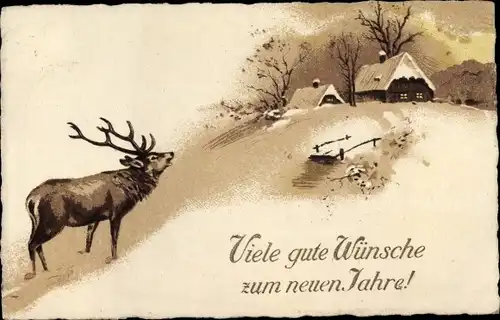 Ak Glückwunsch Neujahr, Ortsansicht, Wohnhaus, Hirsch