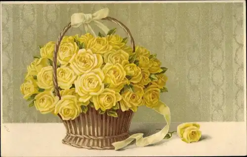 Ak Gelbe Rosen im Korb, Schleife