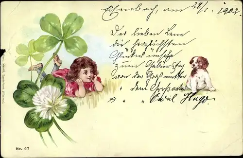 Litho Mädchen auf der Wiese, Hund, Glücksklee
