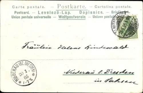 Litho Mädchen auf der Wiese, Hund, Glücksklee