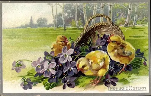 Ak Glückwunsch Ostern, Küken, Veilchen im Korb