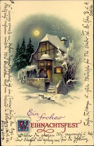 Ak Glückwunsch Weihnachten, Schneebedecktes Haus im Mondschein