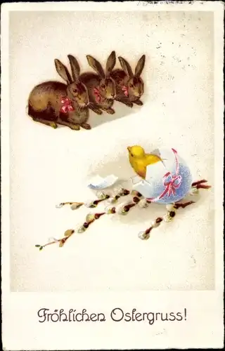 Ak Glückwunsch Ostern, Osterhasen, Weidenkätzchen, Küken