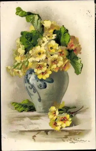 Künstler Ak Klein, Catharina, Blumentopf, Gelbe Blüten