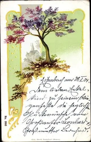Ak Blühender Baum, Im Hintergrund Kirche