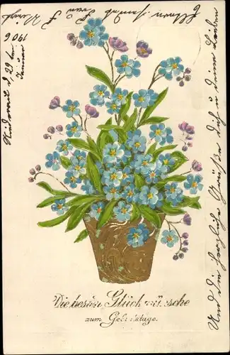 Präge Ak Vergissmeinnicht im Korb